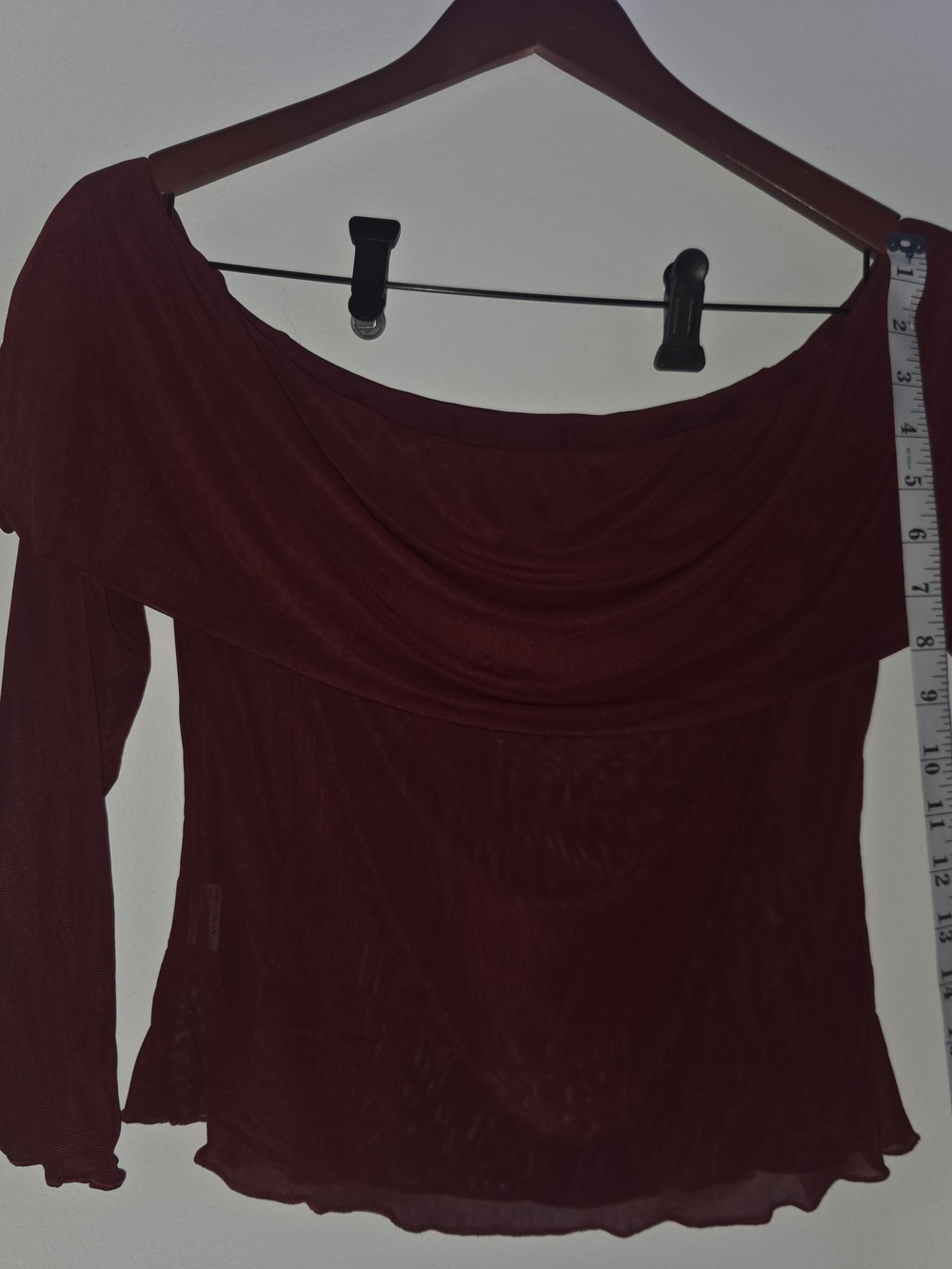 Women’s Off-Shoulder Draped Sheer Long-Sleeve Top - Burgundy
